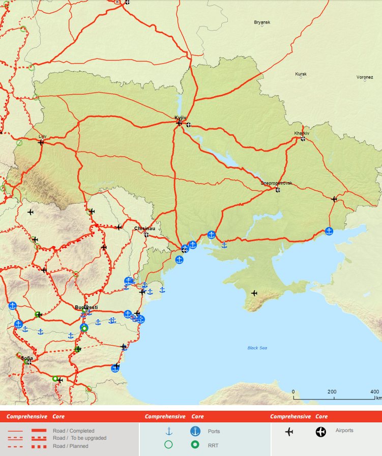 Карта автодорог Украины в рамках коридоров TEN-T 